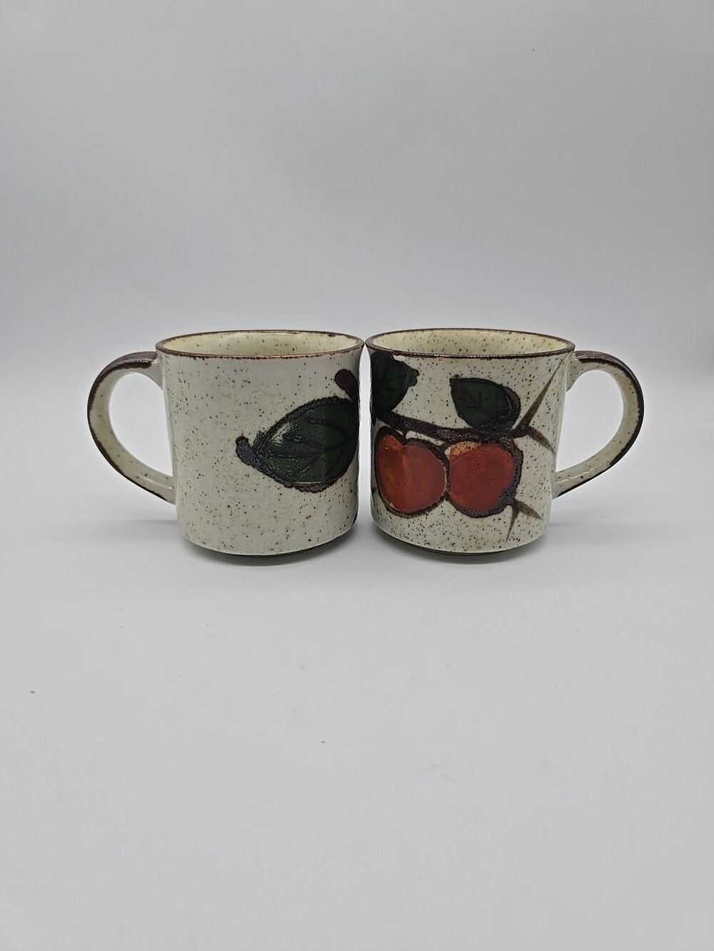 Vintage Pair of Otagiri Japan Speckled Stoneware Mugs Apple Branch Pattern